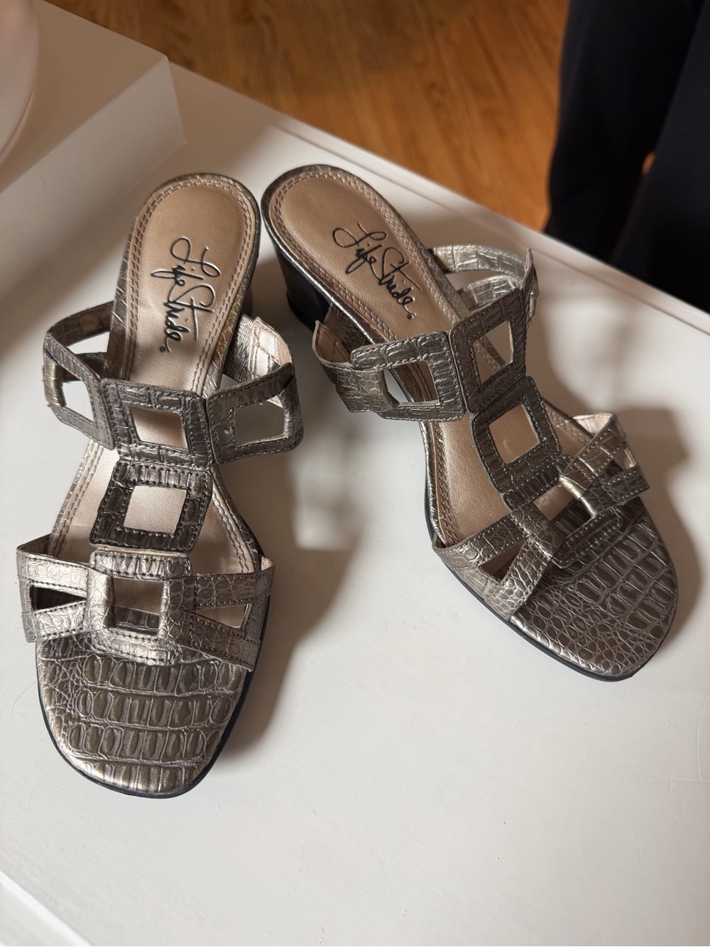 Life Stride Silver Croc-Embossed Slide Mules